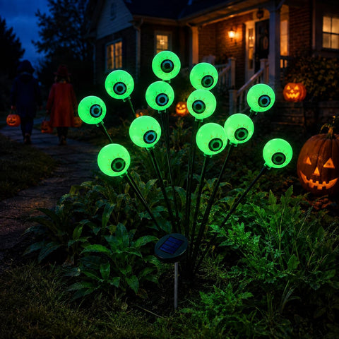 Solar Powered Halloween Eyeball Garden Lights, 12-Piece Green LED Stake Set, IP65 Waterproof Outdoor Lawn and Pathway Decorations.