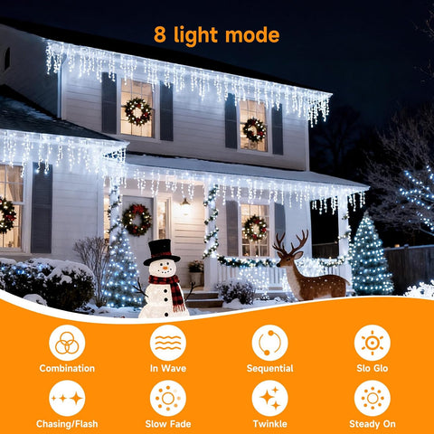 WOWDSGN 430 LED Icicle Lights Outdoor 14M Cool White Christmas Lights – 8 Modes, Timer & IP44 Waterproof Drops for Roofs, Gardens & Windows - Turn Your Home Into a Winter Wonderland