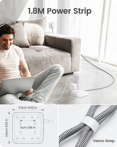 Extension Lead with 4 Way Outlets, 3250W 13A Power Strip, PD 20W USB-C and 2 USB-A QC 3.0, 1.8M Braided Extension Cord, Multi Power Plug Extension for Home and Office, White