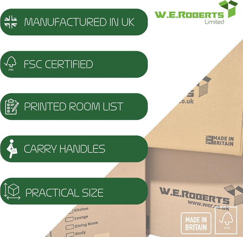 10 Strong Large Cardboard Storage Packing Moving House Boxes with Carry Handles and Room List – Ideal for Storage, Moving, and Packing 18" x 11" x 11" internal. Made in the UK