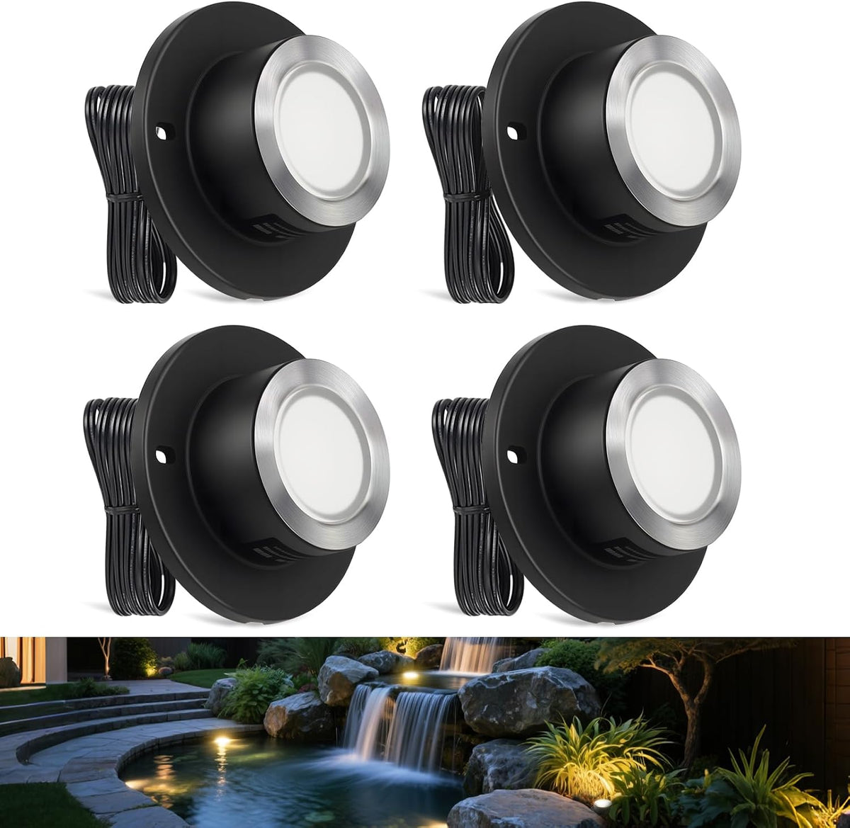 MY Lighting 3W LED Pond Lights 12–24V AC/DC, IP68 Underwater Pond & Fountain Lights, 3000K Warm White, 4 Pack