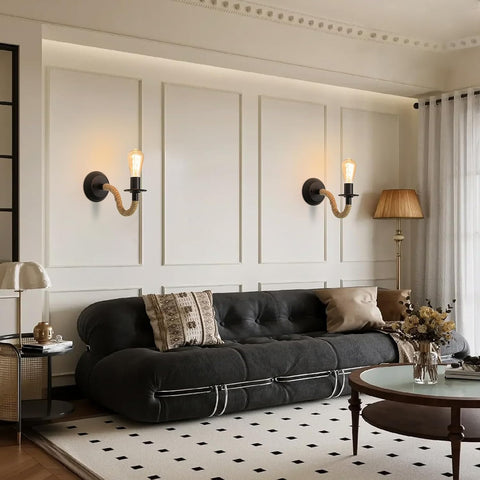 2 Packs Wall Lamp, Industrial Wall Light Sconce Fixture, E27 Hemp Rope Retro Adjustable Wall Lamp for Corridor Living Room Bedroom Cafe Bar Loft