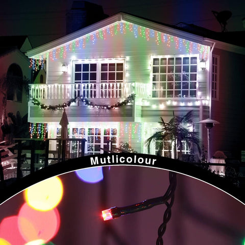 220 LED Multicolour Icicle Christmas Lights – 7.5m Outdoor & Indoor Fairy String Lights with Timer | Mains Powered, Green Cable for Garden, Party & Bedroom Decor