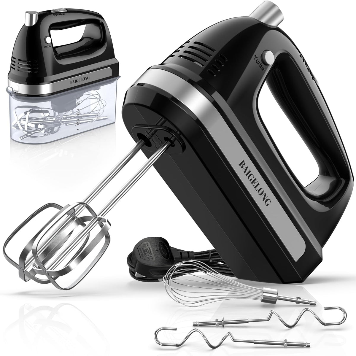 Hand Electric Mixer 300W – 5 Speeds + Turbo Boost, 5 Stainless Steel Attachments, Handheld Blender for Baking – Black