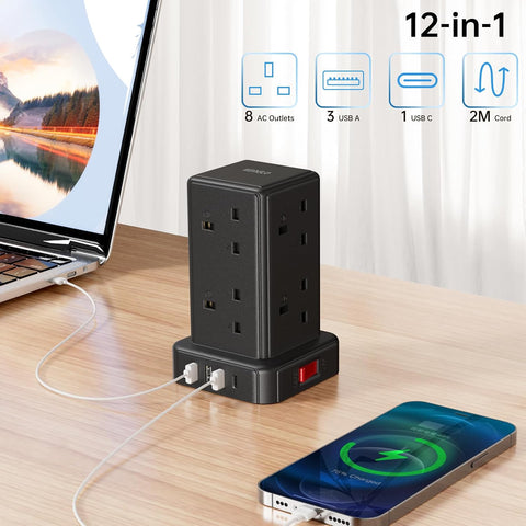 Kemelo Tower Extension Lead – 8-Way Multi Plug with 4 USB Ports, 2M Cable, 13A 3250W Surge Protection – Bring Order to Your Busy Charging Corner