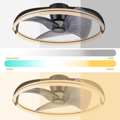 Ceiling fan with brightness and color temperature options displayed below.
