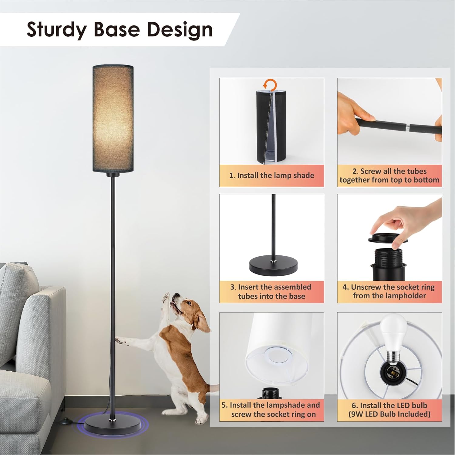 Floor lamp with installation instructions and a dog interacting with it.