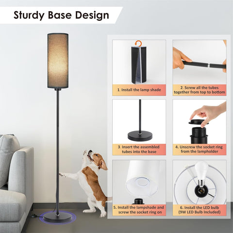 Floor lamp with installation instructions and a dog interacting with it.