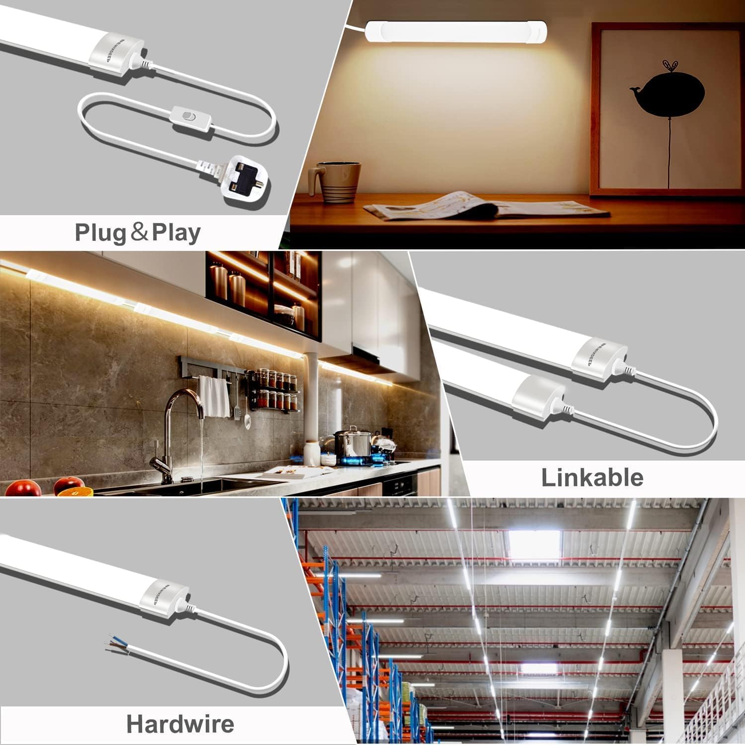 Collage of LED strip lights with 'Plug & Play', 'Linkable', and 'Hardwire' labels in various settings.