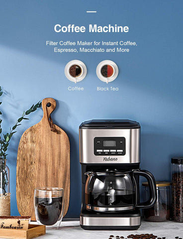 Yabano Drip Coffee Maker: 12 Cup, Programmable Timer, Fast 900W Brewing, 40 Min Keep Warm, Reusable Filter