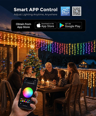 Quntis Smart Christmas Icicle Lights 5m – App & Remote Controlled Multicolour LED Outdoor Fairy Lights with Music Sync, 60+ Modes & IP44 Waterproof Design - Turn Your Home Into a Festive Light Show