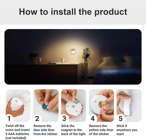 Motion Sensor Night Light Pack of 3 – Battery LED Stick-On Cold White
