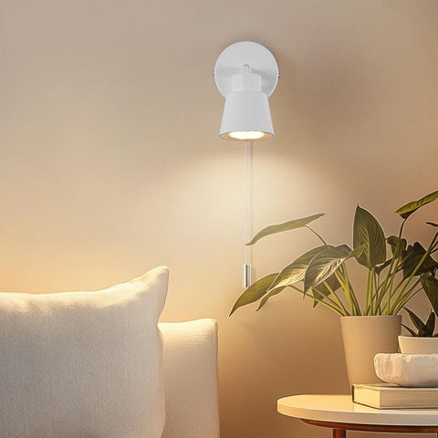 White Wall Lights with Pull Cord Switch GU10 - Modern Pull Cord Light Switch 350° Rotatable - 50W Indoor Wall Sconce Lights for Bedroom Bedside Living Room Kitchen Desk
