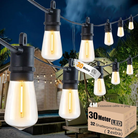 Festoon Lights Outdoor 30M/100 FT Garden String Festoon Lights IP65 with 32 LED 2700K Bulbs Outdoor String Lights Mains for Indoor Outside Patio Pergola Decor, 4M Extension Cable Built-in [Energy Class E]
