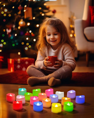24 Pack 7-Color Changing LED Flameless Tea Lights, Battery Operated Flickering Candles for Party & Festival Décor