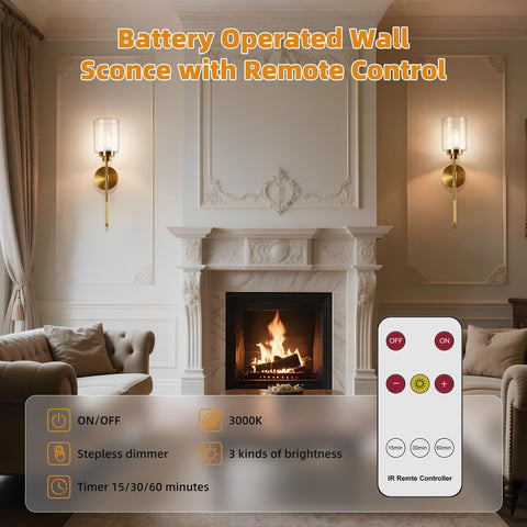 Battery Operated Wall Sconce Set of 2 Gold - Wireless Rechargeable LED