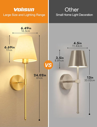 5200mAh Battery Operated Wireless Wall Lights Set of 2, 60CM Rechargeable Wall Lights with Dimmable Detachable Bulbs and Remote, 12-Color Wall Sconce Lighs for Bedroom Living Room Gold