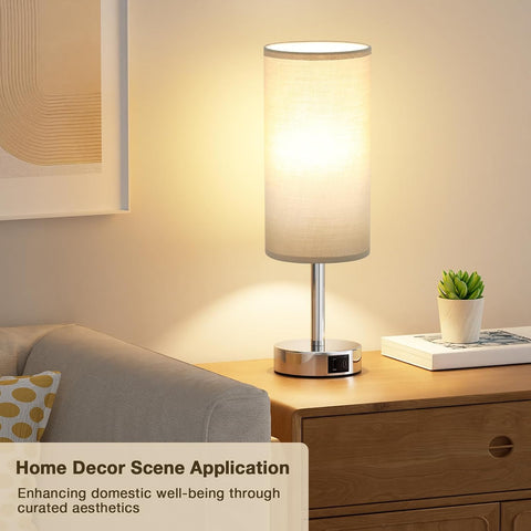 Aooshine Touch Bedside Lamp with 2 USB Charging Ports – Grey Table Lamp with 3 Brightness Levels, E27 LED Bulb & Touch Control for Bedroom, Study & Living Room