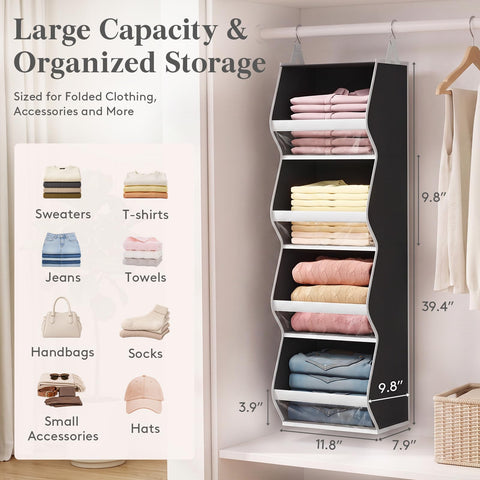 Lifewit 4-Tier Hanging Wardrobe Storage Organiser – Grey Foldable Closet Shelves with Clear PVC Window