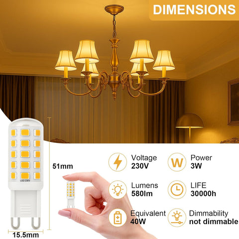 3W G9 LED Bulbs Warm White 580LM, 2700K Energy Saving Light Bulbs Equivalent to 40W Halogen, No Flicker Capsule GU9 LED Bulb for Home Lighting Decor, Chandelier, Not Dimmable, 220-240V,4 Pack
