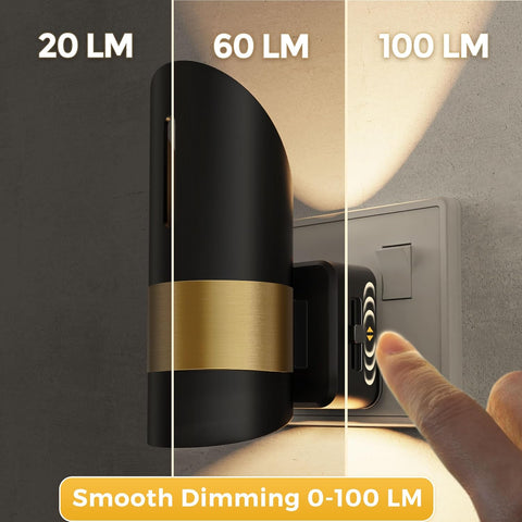 Light bulb with different lumens labeled and a hand adjusting a dimmer switch.