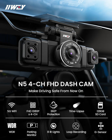 IIWEY N5 360° Dash Cam 4 Channel, Full HD 1080P Front Rear Inside Left Right Car Camera, 8 IR Lamps, 5G WiFi App Control, G-Sensor, 24H Parking Mode, with 128GB SD Card