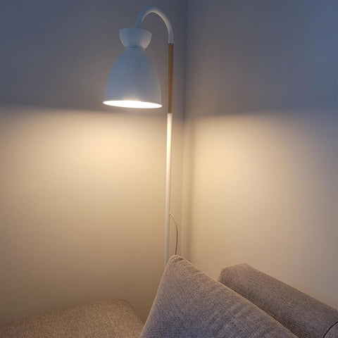 White floor lamp with a curved neck next to a sofa in a dimly lit room.
