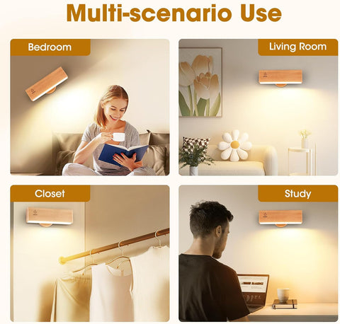 Battery Operated Magnetic Light 2 Pack, Rechargeable Wood Wall Sconce Indoor with 360°Rotation, Wireless Lamp with Stepless Dimmable & Touch Control for Bedroom