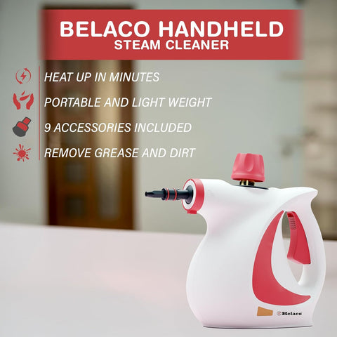 Belaco Handheld Steam Cleaner – High Pressure Multi-Purpose Steam Cleaner 1050W with 9 Accessories | Portable Chemical Free Steamer for Home, Kitchen, Bathroom, Tiles, Grout, Upholstery & Cars BSC389A