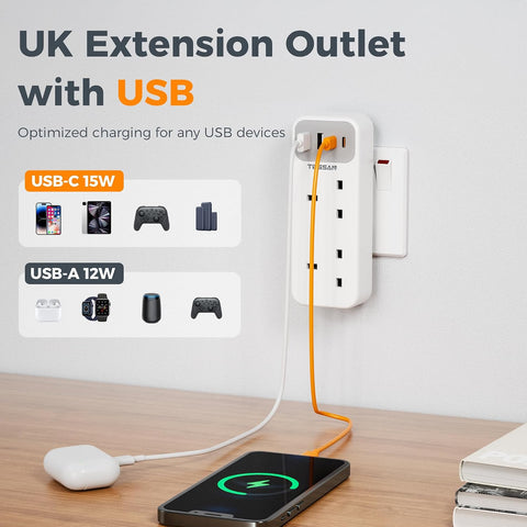 TESSAN Double Plug Adapter UK with 2 USB-C & 2 USB-A Ports – 6-in-1 Multi Plug Socket for Home, Office & Travel - Give Every Device Its Own Little Corner