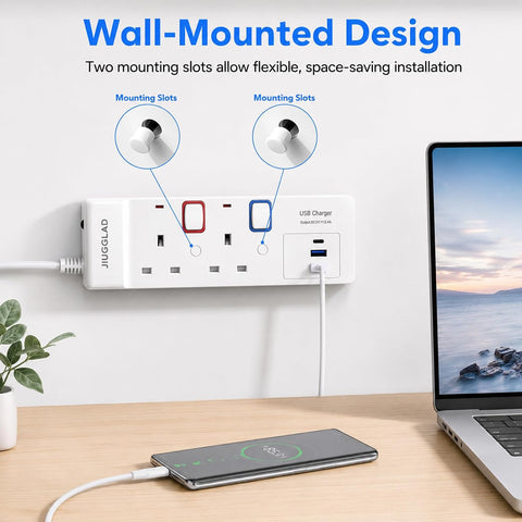 1 Metre Extension Lead with USB Slots – 2 Gang Power Strip with 2 USB-A & 1 USB-C Ports - Keep Everyday Charging Neat, Close & Ready