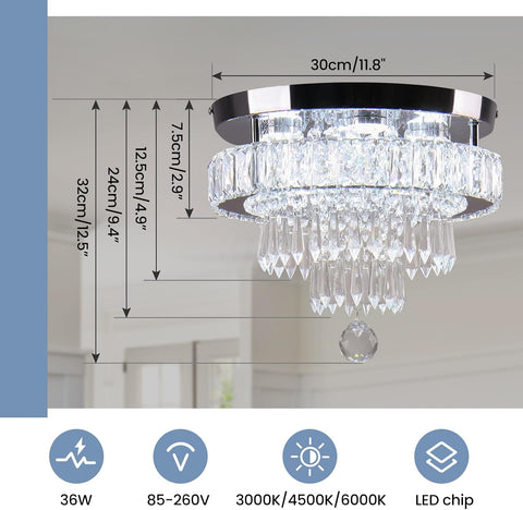 11.8" Crystal LED Ceiling Light Modern Dimmable Flush Mount Chandelier