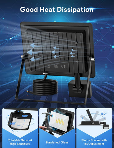 Black floodlight with features highlighted on a blue background