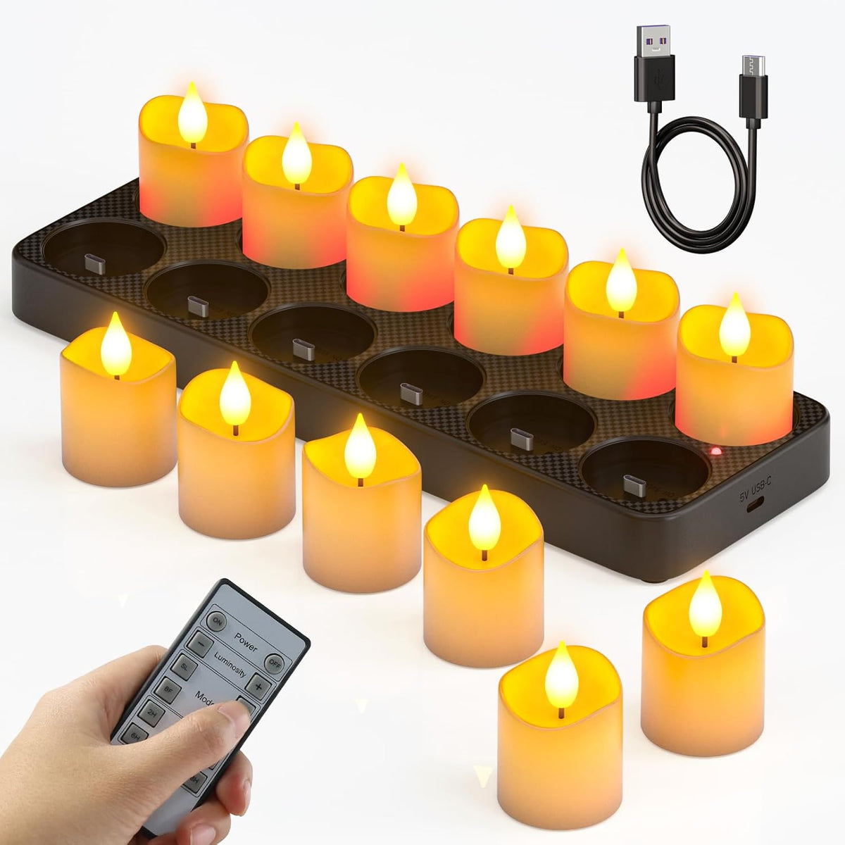 12PCS Rechargeable LED Tea Light Candles with Remote & Timer, Flameless Flickering Electric Tealights with Charging Base for Home & Holiday Décor