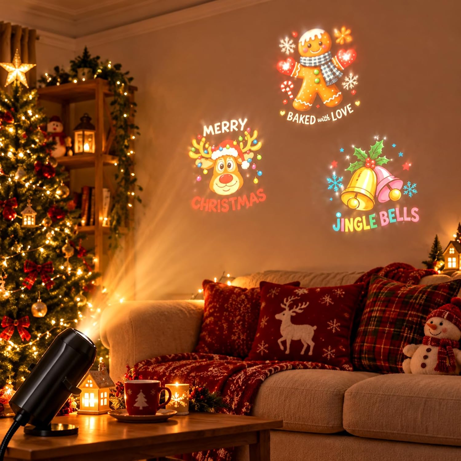 HD 5D Holographic Christmas Night Light Projector – USB 360° Rotating Christmas Projector Light with 10 HD Festive Slides for Bedroom, Living Room & Car