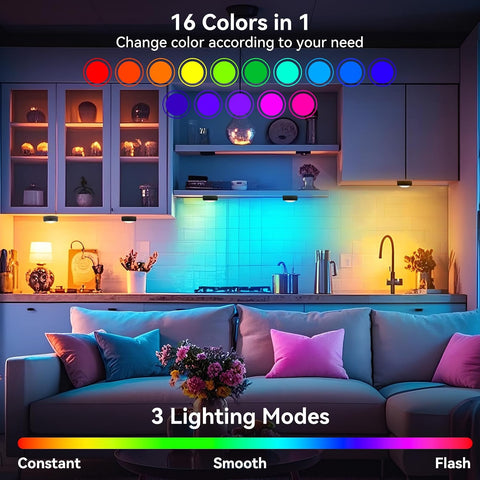 3 Pack Wireless Under Cabinet Lights – 16 Colour RGB LED Puck Lights with Remote & Touch Control, 4 Brightness Levels for Cupboards, Wardrobes & Shelves - Turn Forgotten Dark Corners Into Your Favourite Little Glow