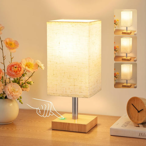 Small Touch Linen Dimmable Bedside Table Lamp – 3 Brightness Levels, E27 LED Warm White Light for Bedroom & Study