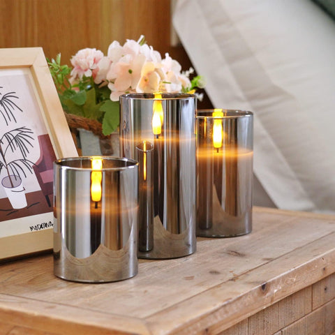 Real Wax LED Candles Flickering, Clear Glass Shell, Grey, Set of 3 500+ Hours Long Lasting Gothic Battery Operated Candles with Remote Control, Timer and Realistic 3D Wick for Halloween Party