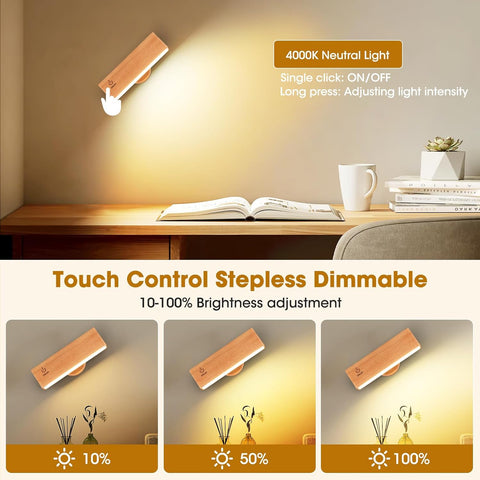Battery Operated Magnetic Light 2 Pack, Rechargeable Wood Wall Sconce Indoor with 360°Rotation, Wireless Lamp with Stepless Dimmable & Touch Control for Bedroom