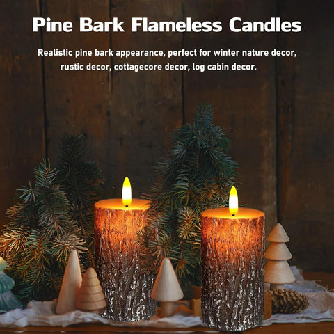 Bark Flameless Pillar Candles Set of 2, 6×3 Inch Real Wax LED Candles with Remote, Timer & Dimmable Flickering Light