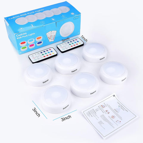 6-Pack RGB Wireless Under Cabinet LED Puck Lights with Remote Control, 13 Colours, Dimmable Brightness & Timer for Kitchen Cupboards, Wardrobes & Closets - Brighten the Dark Spots You Keep Missing