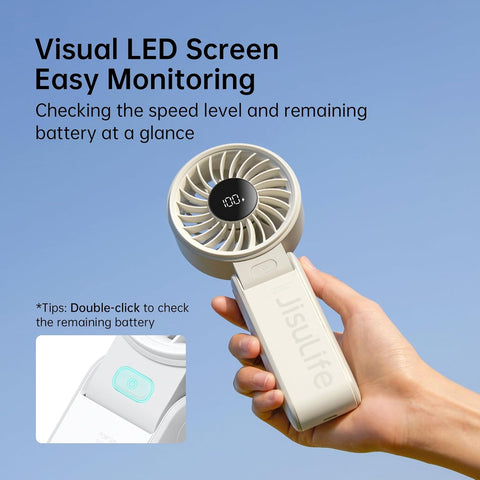 JISULIFE Handheld Fan Life7 – Ultimate Flexibility: High-Power Motor, LED Display, 5000mAh Rechargeable, 5-Speed, Foldable Design, 3-IN-1 Portable Hand/Desk/Neck Fan for Travel, Gift for Women (Grey)