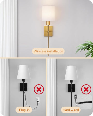 EDISHINE USB Rechargeable Wall Light Set of 2 Wireless Dimmable LED Sconces