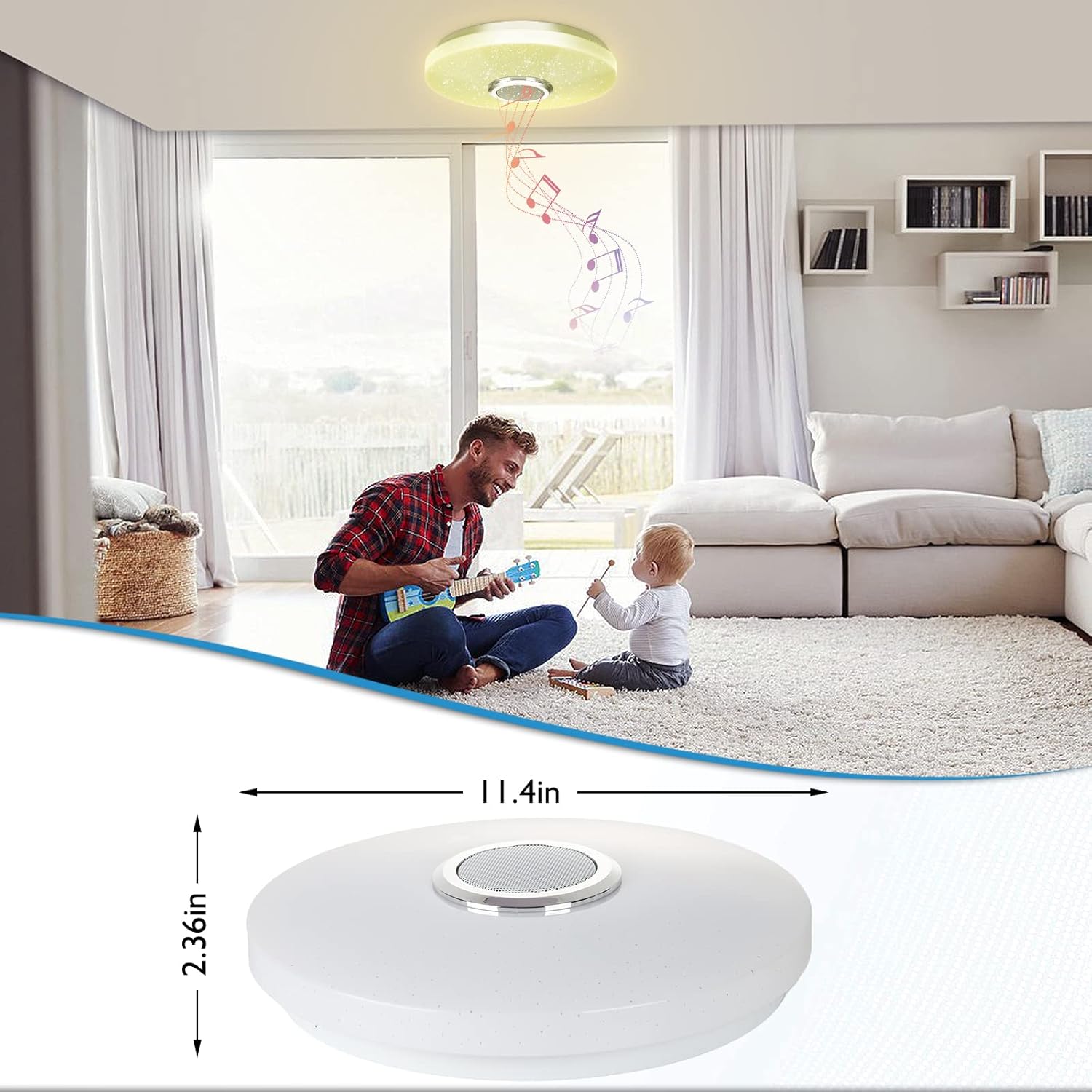 Living room with a man and child playing, featuring a ceiling light fixture.