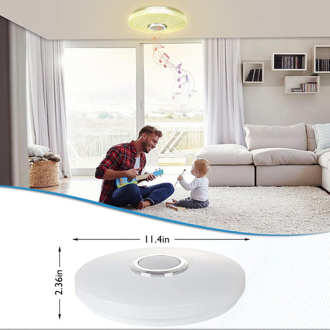 Living room with a man and child playing, featuring a ceiling light fixture.