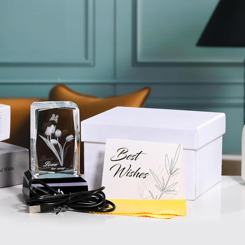 3D Crystal Tulip with Butterfly Keepsake and LED Light Base, Romantic Floral Gift for Her