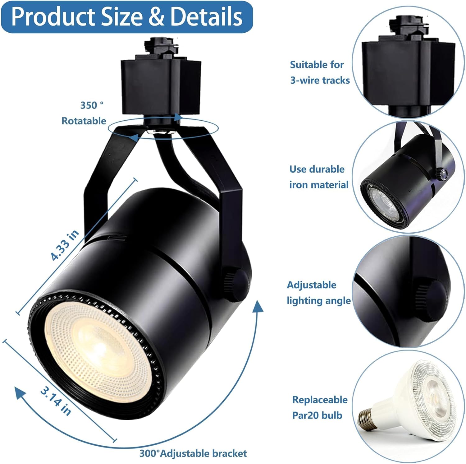 Black track light with features highlighted on a white background