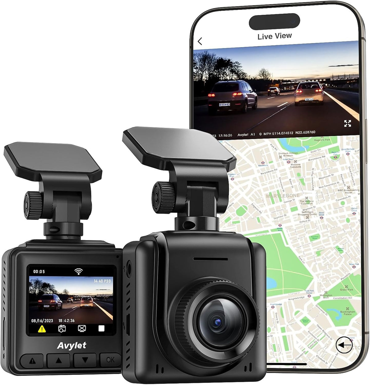 Avylet Dash Cam WiFi 2K Black with Night Vision & G-Sensor