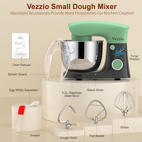 Small Stand Mixer 1500W – 10 Speed Food Mixer with 5.5L Bowl – Lightweight Dough Mixer for Baking & Cakes (Green Gray)