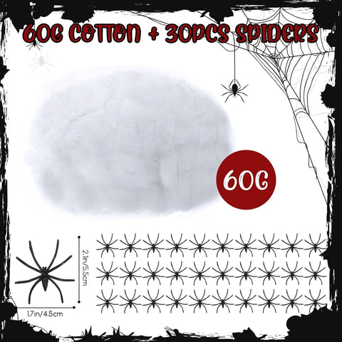 60g Halloween Spider Web Decoration with 30 Fake Spiders – Stretchable Cobwebs for Indoor & Outdoor Halloween Party Decorations